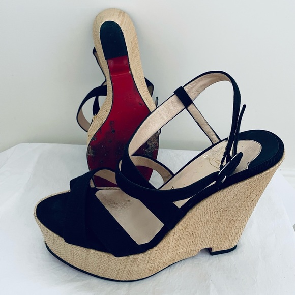 Authenticated Christian Louboutin Platform Wedges Black with Raffia EU 39 - Picture 5 of 12